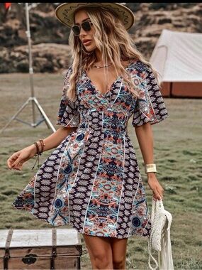 SHEIN Navy Blue Teal Orange Paisley Midi Dress